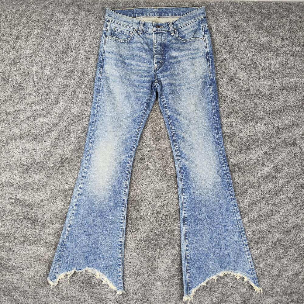 Cone Denim Jeans Womens 29x34 Light Wash High Rise Flare Button Fly Frayed Hem